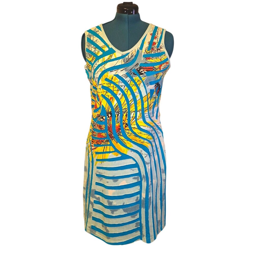 Anunas Los Angeles Abstract Butterfly Cotton Knit V-Neck Mini Dress Sz L Art EUC